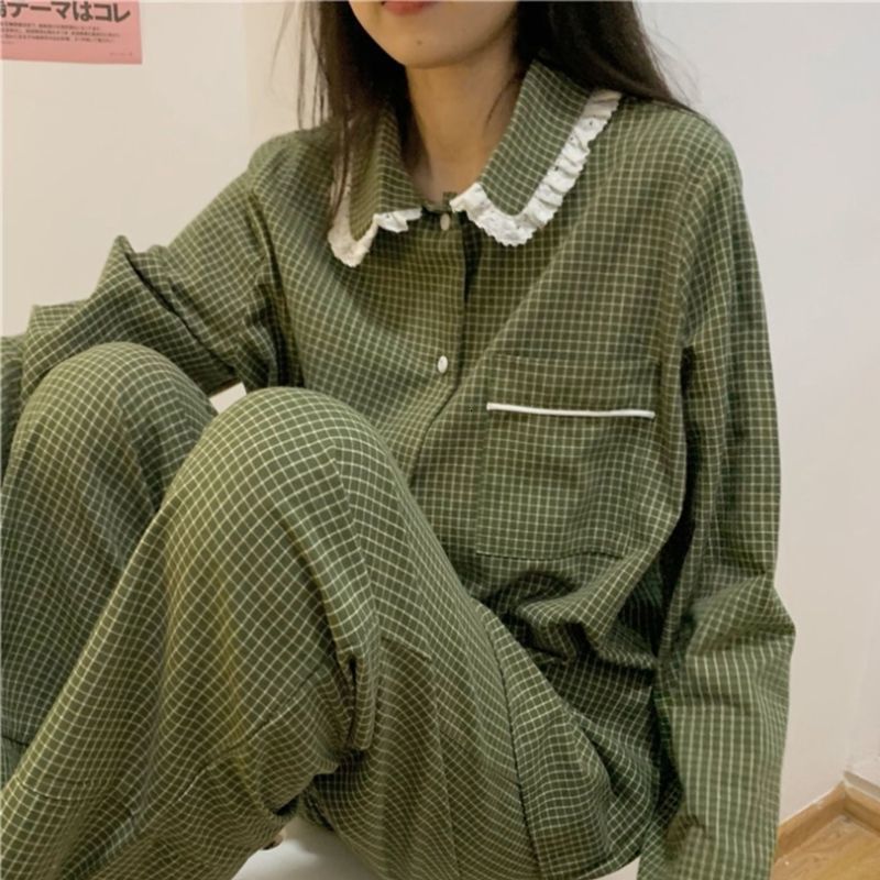 Women's Sleepwear Plaid Casual Pajama Sets Women Single Breasted Ins Japan Turn-down Collar Nightwear Spring Fall Elastic Waist Homewear Mujer 23