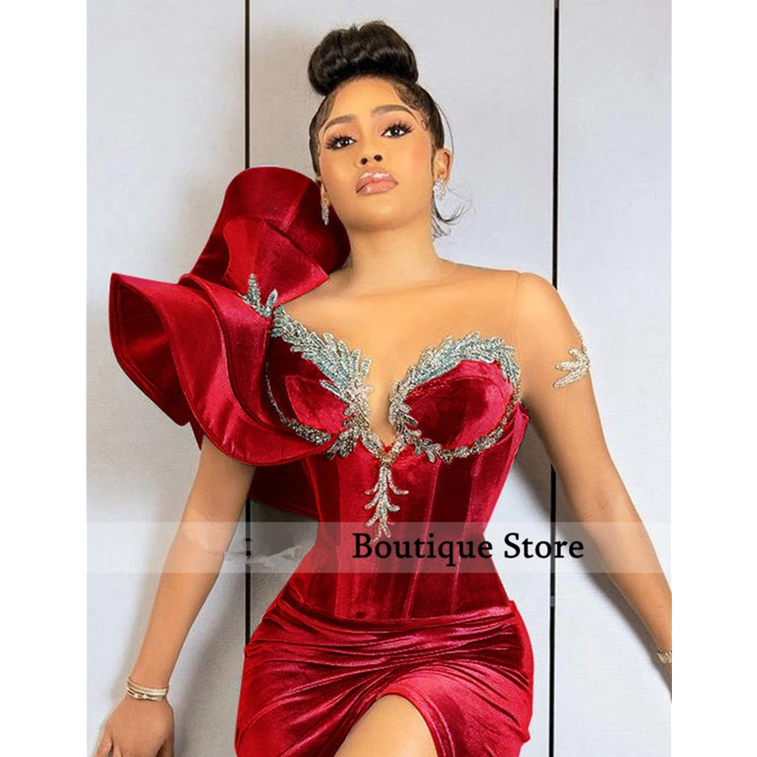 Mermaid Red Veet Evening Dresses With Sheer Neck Ruffles Cap Sleeves Beaded Side Split Prom Dress Custom Made Dinner Birthday Gown