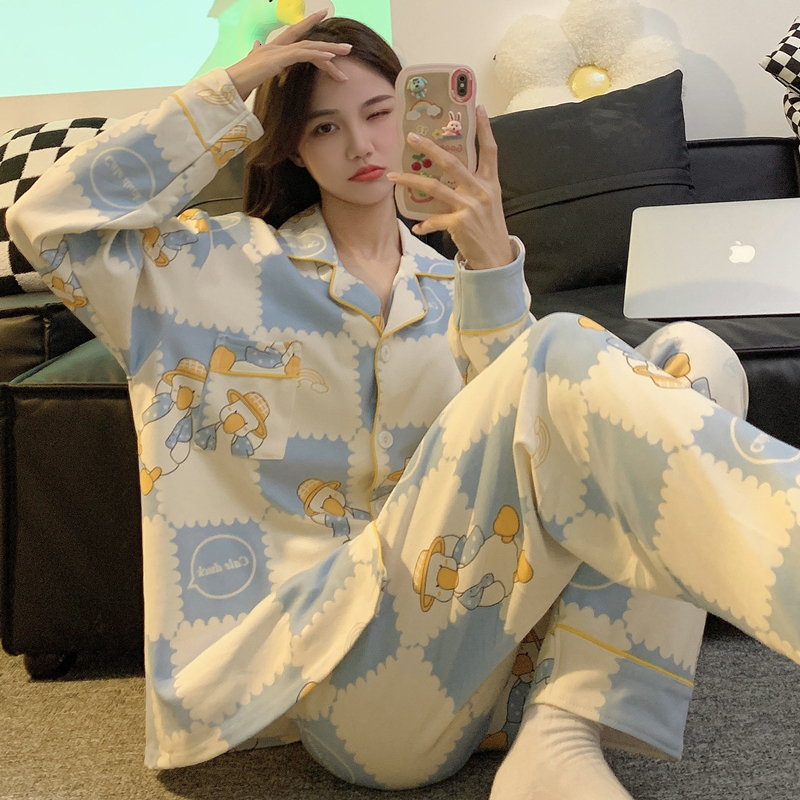 Women's Sleepwear Cotton Pajamas Women Summer Long-sleeved Trousers Two-piece Suit Women's Satin Loose Printed Home Wear Casual Fashion Paja