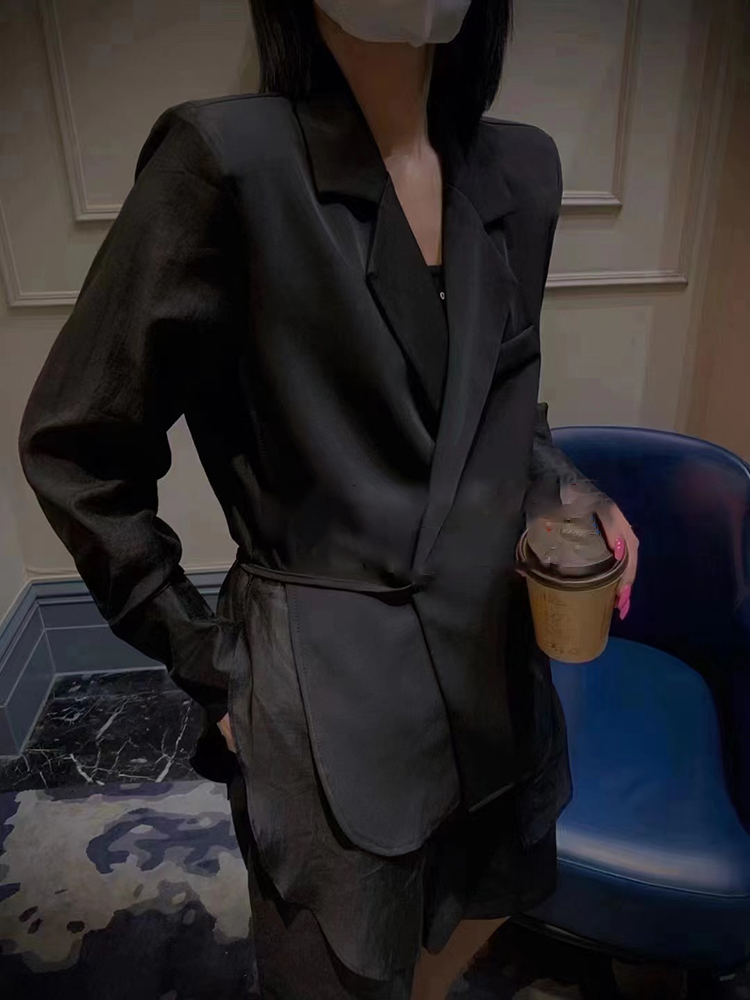 Women's Two Piece Pants TWOTWINSTYLE Spring Fashion Solid Blazer For Women Notched Collar Long Sleeve Lace Up Loose Blazers Female Clothing Style