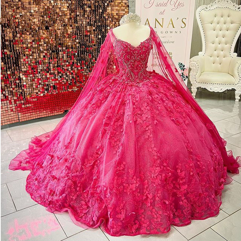Fuchsia Sweet 16 Quinceanera Dresses with Cape 2023 Off Shoulder Butterfly Appliques Princess lace-up corset Vestidos De 15 Anos