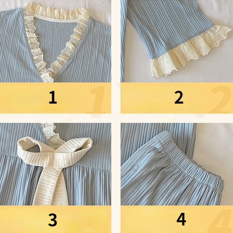 Women's Sleepwear Pajama Sets Women Sweet Girls Long Sleeve Lacework V-neck Pajamas Spring Fall Loose Cozy Kawaii Princess Retro Bowknot Female 2