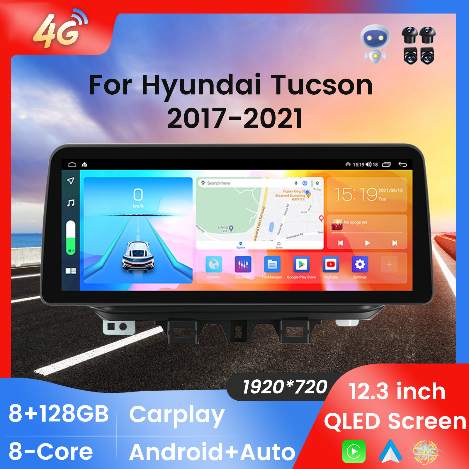 12.3 pouce QLED Android 11.0 Car DVD Radio Video Player pour Hyundai Tucson 2017-2021 GPS Navigation Carplay Auto DSP Car Stereo