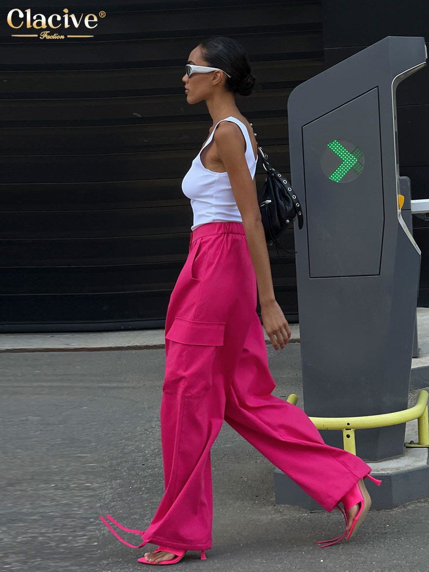 Women's Pants Capris Clacive Vintage Loose Pink Cargo Pants Women Autumn Fashion High Waist Wide Trousers Streetwear Hip Hop Full Length Pants Po
