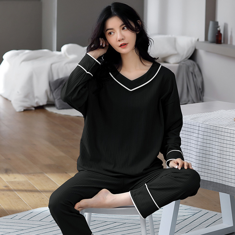 Women's Sleepwear M-5XL Casual Plus Size Full Cotton Pajamas Women Autumn Winter Pyjamas Suit Female Long Sleeve Loose V Neck Sleepwear Set 23030