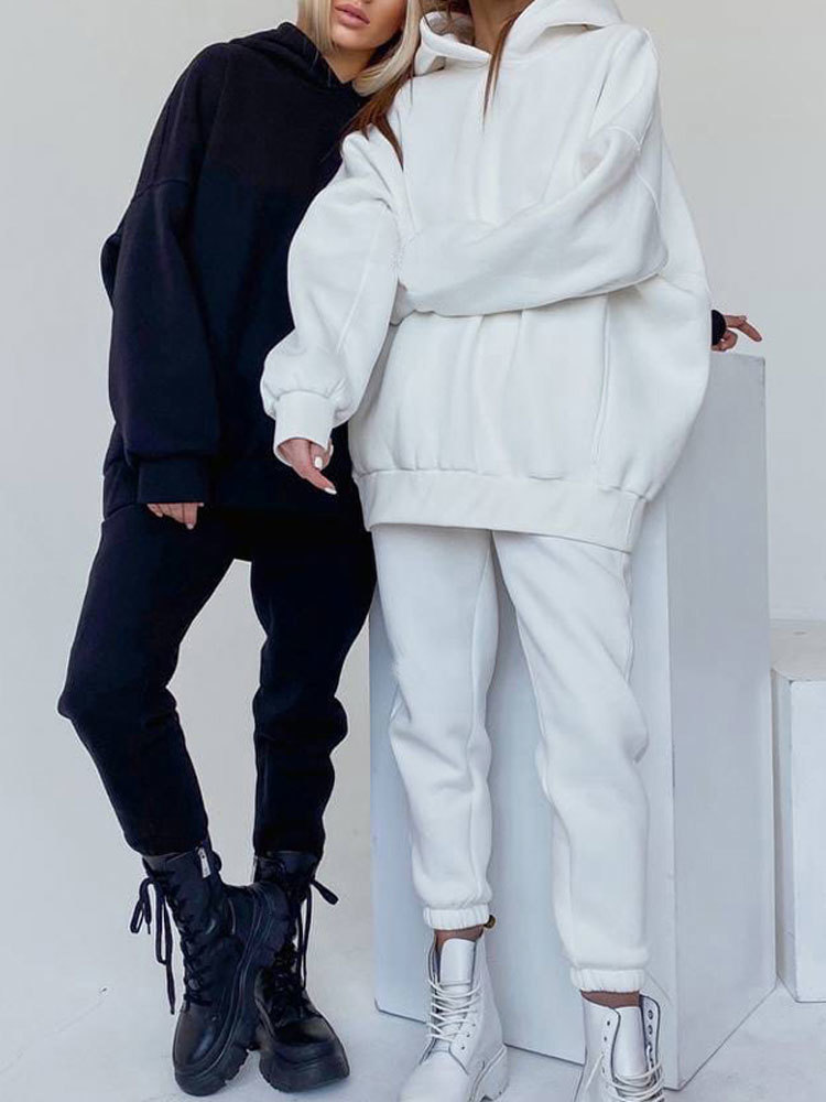 Women's Two Piece Pants Women's Tracksuit Fleece Hooded Two Piece Set Loose Hoodies Jogger Pants Sets Female Spring Casual Lady Sportswear S