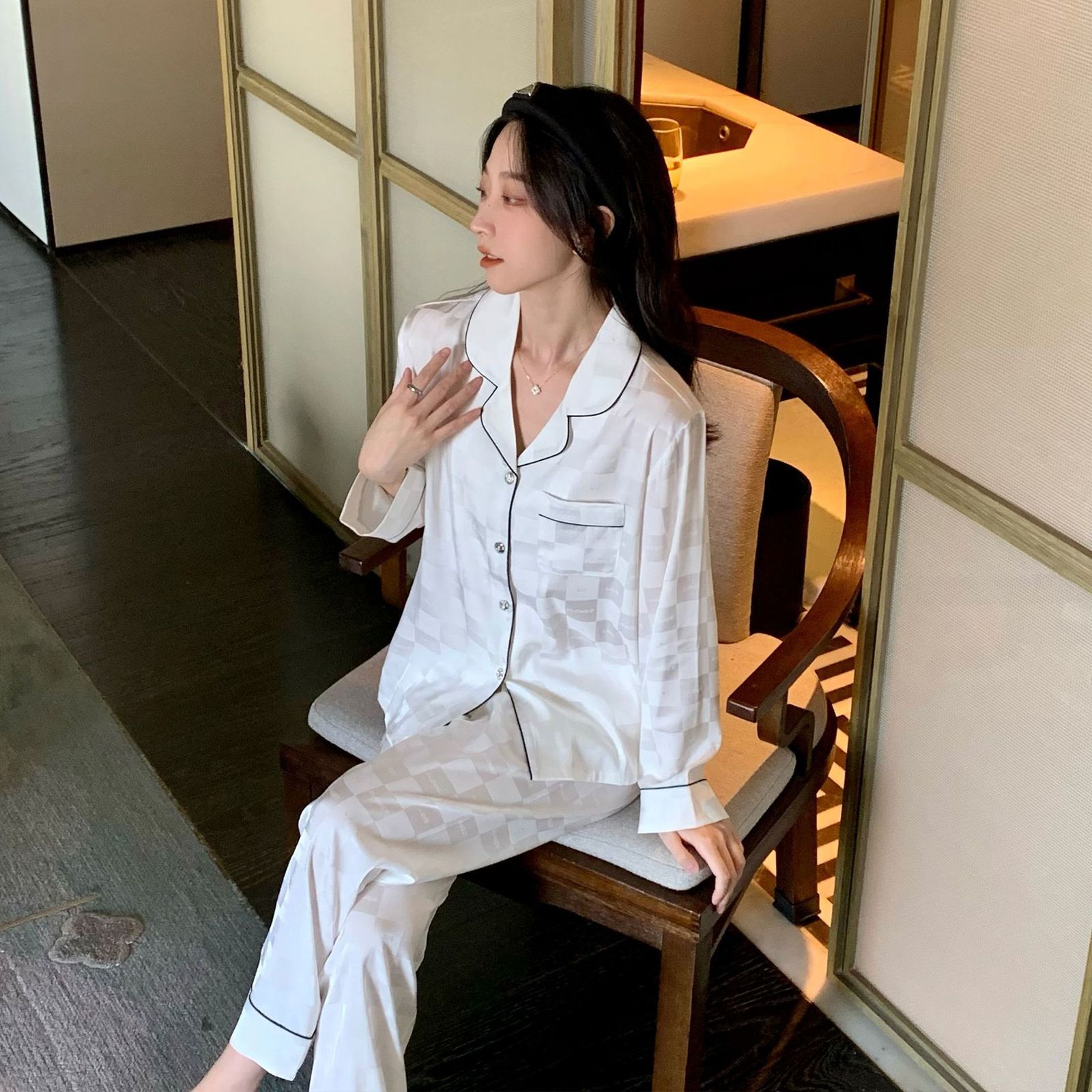 Women's Sleepwear CRLAYDK Spring Women's Long Sleeve Pajamas Set Satin Sleepwear Silk Soft Button Down Loungewear Jacquard Plaid Nightwear 2