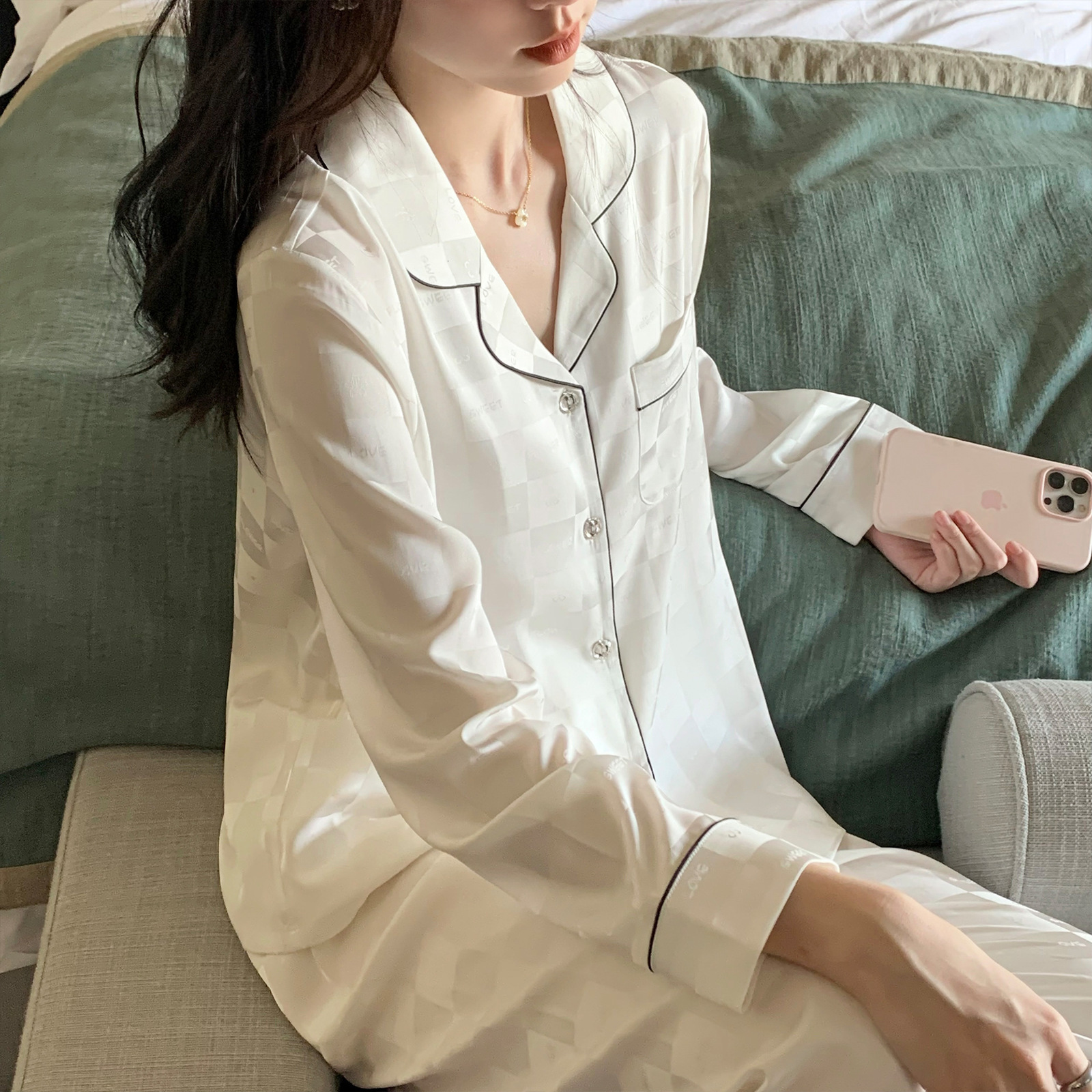 Women's Sleepwear CRLAYDK Spring Women's Long Sleeve Pajamas Set Satin Sleepwear Silk Soft Button Down Loungewear Jacquard Plaid Nightwear 2