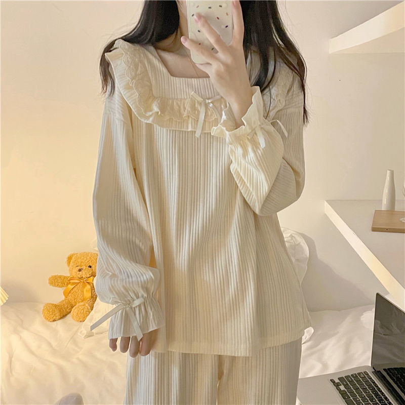 Women's Sleepwear Women Pajama Sets Autumn Lace Square Collar Sleepwear Princess Long Sleeve Ruffles Pyjamas Lounge Student Sweet Outwear Two Pcs