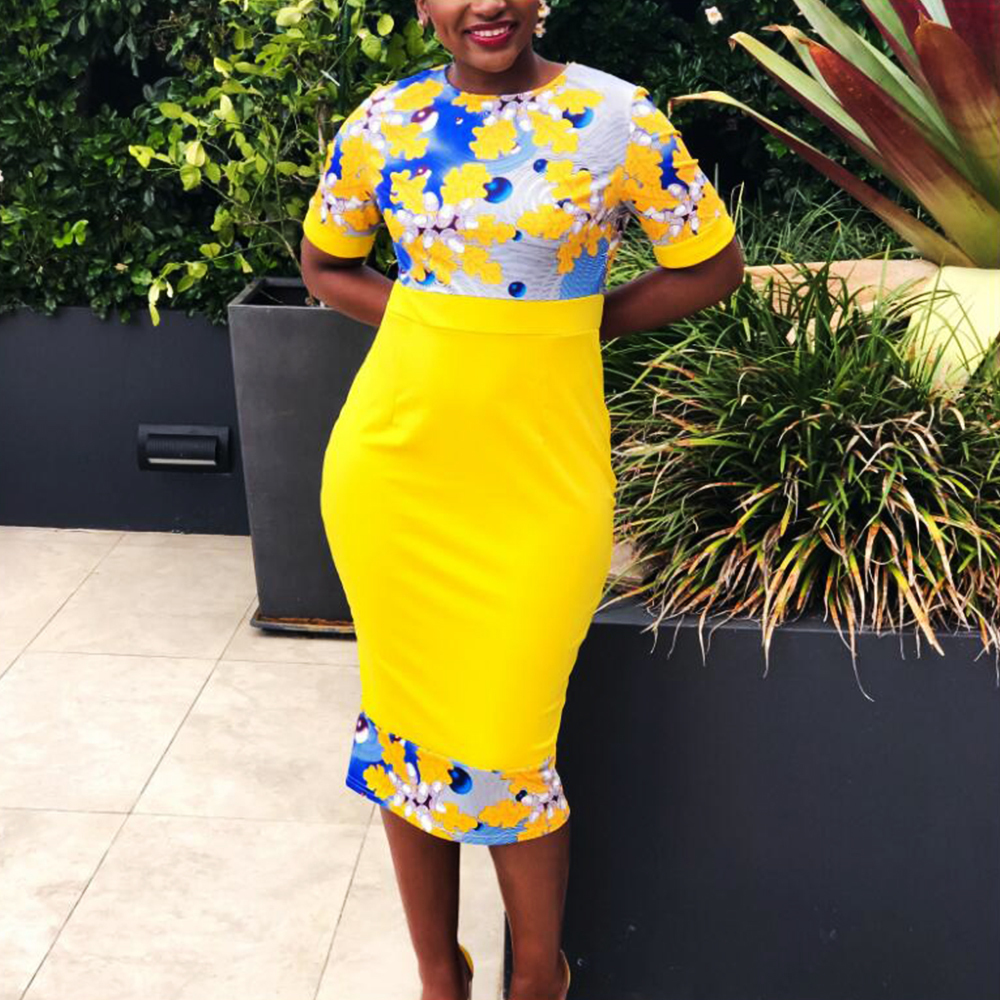 Casual Dresses Summer Dress Yellow Elegant Floral Print Party Dress for Woman ONeck Half Sleeve Slim Office Work Vestidos Sexy Bodycon Dresses 230309