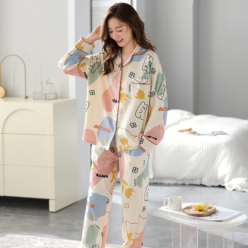 Women's Sleepwear Cotton Pajamas Women Summer Long-sleeved Trousers Two-piece Suit Women's Satin Loose Printed Home Wear Casual Fashion Paja