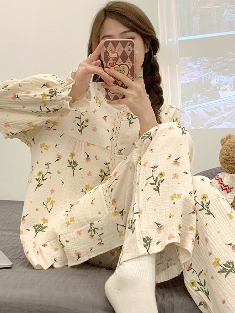 Women's Sleepwear Pajama Sets Women Print Student Breathable Casual Korean Style O-neck Sleepwear Basic Loose Ins Homewear Tender Simple 230309