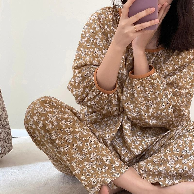 Women's Sleepwear Pajama Sets Women Vintage French Style Casual Chic Comfortable Ladies O-neck Sleepwear Print Soft Ins Autumn Basic Lounge Daily