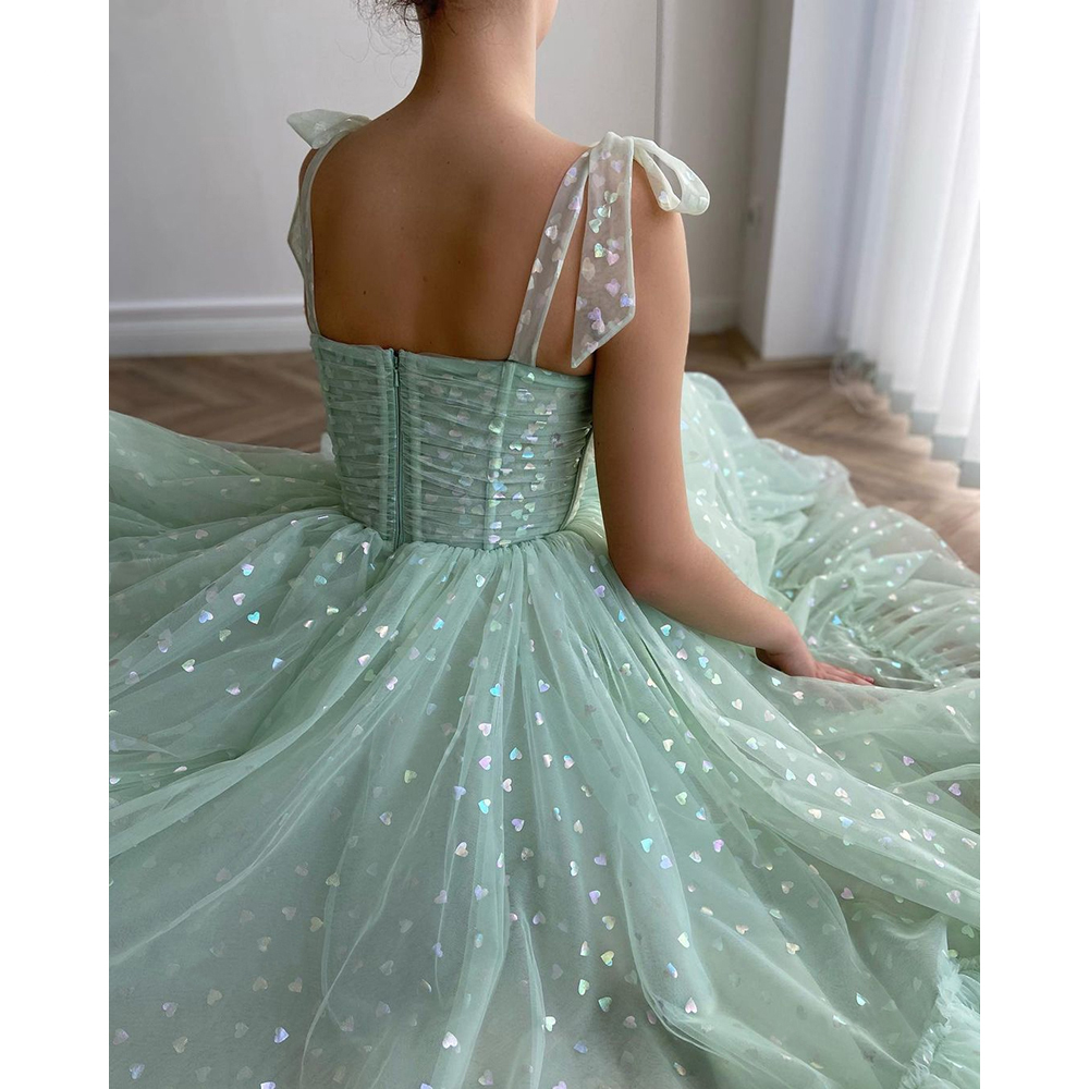 Mint Green Hearty Dresses Tied Bow Straps Sweetheart Midi Prom Gowns Pockets Tea-Length Evening Party Dress
