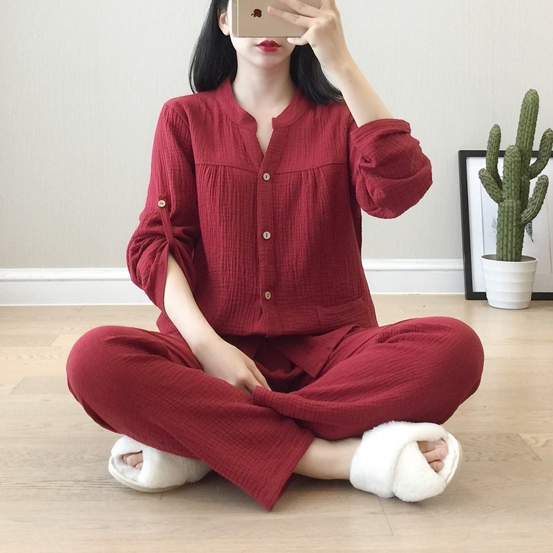Women's Sleepwear Spring / Autumn Women's Pajamas Loose Long Sleeve Trouser Suits Thin Cotton Crepe Home Clothes Solid Sleepwear 2 Piece Set