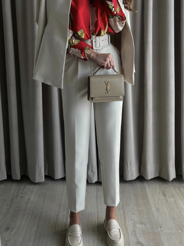 Women's Pants Capris TRAF Green High Waist Pants for Women White Belt Office Woman Pants Summer Straight Pants Women Black Streetwear Woman Trous