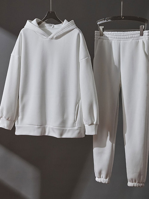 Women's Two Piece Pants Women's Tracksuit Fleece Hooded Two Piece Set Loose Hoodies Jogger Pants Sets Female Spring Casual Lady Sportswear S