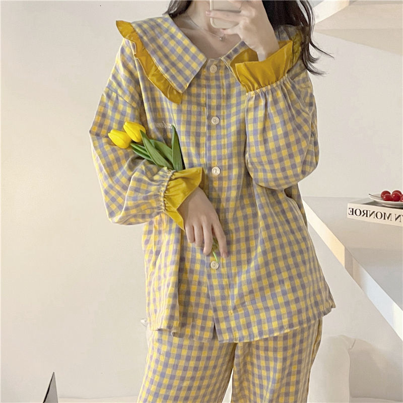 Women's Sleepwear Sweet Plaid Pajama Sets Women Long Sleeve Button Top Elastic Waist Pants Loose Lounge Homewear Cute Autumn Ruffles Pajamas 2pcs