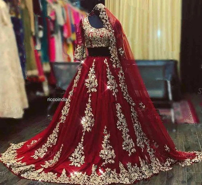 Sexy Indian Arabic burgundy a-line Wedding Dresses With cape veil Two Piece gold lace Muslim Half Sleeve Blue Dubai Bride Gown
