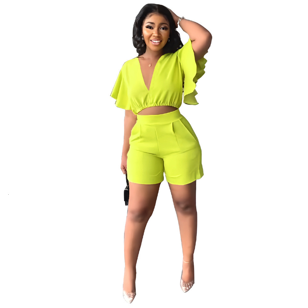 Women's Two Piece Pants Fashion Two Piece Sets for Women Tracksuit Sexy V Neck Ruffled Sleeve Crop Top Pockets Shorts Suits Summer Casual Outfits