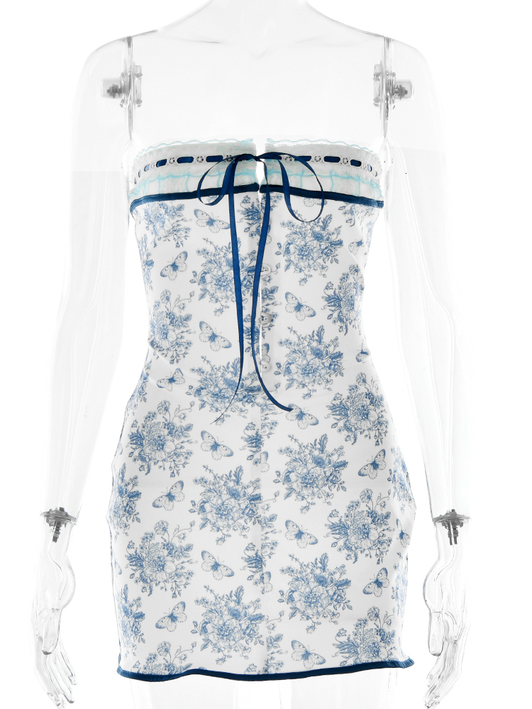 Skirts Fantoye Floral Printed Vacation Women Dress Off shoulder Blue Metal Button Spring Skinny Elegant Outside Female Mini Dresses 230308