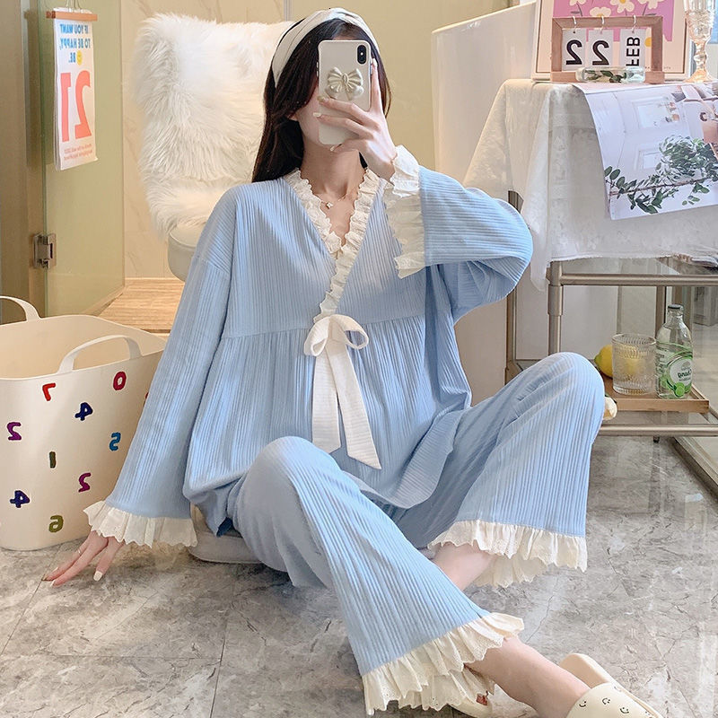 Women's Sleepwear Pajama Sets Women Sweet Girls Long Sleeve Lacework V-neck Pajamas Spring Fall Loose Cozy Kawaii Princess Retro Bowknot Female 2
