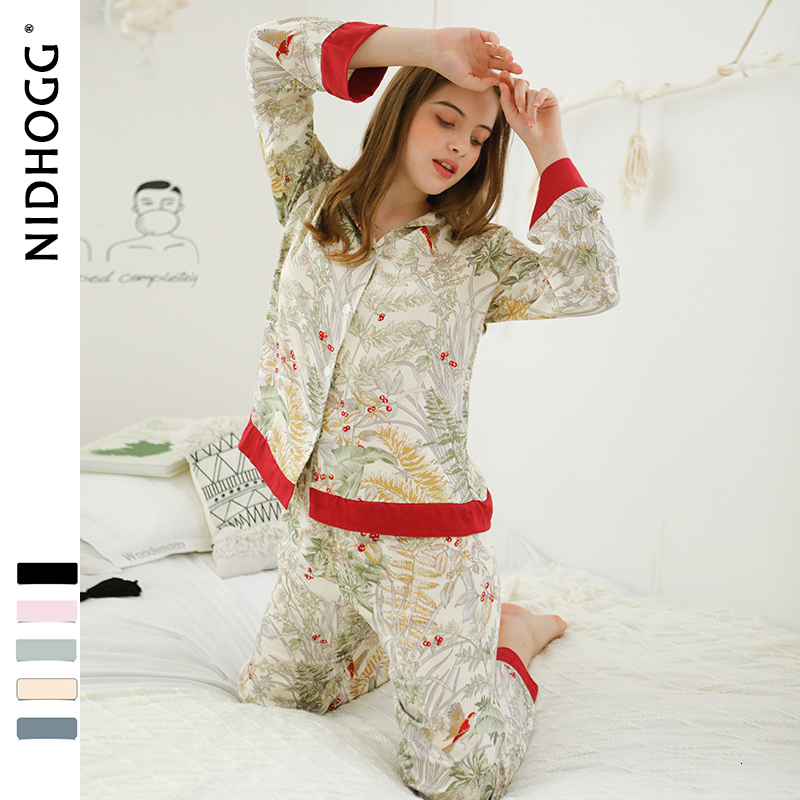 Women's Sleepwear Spring Casual Long Sleeve Satin Pajama Set Green Grass Printing Sleepwear Loungewear Women Turn-down Collar Pijama Mujer 230309