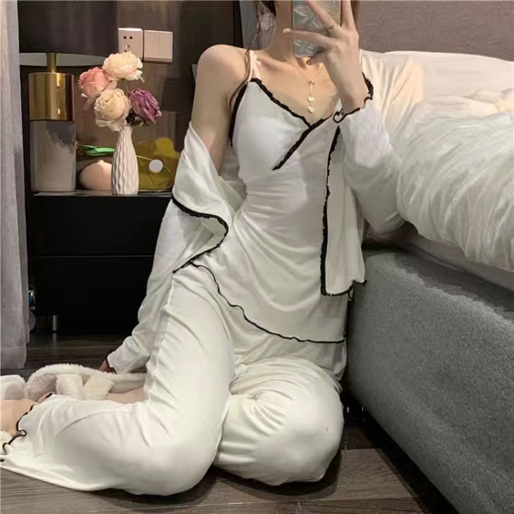 Women's Sleepwear Sexy Lace Spring Pajama 3 Piece Sets Women Plus Size M-3XL Chic Elegant Tender Patchwork Long Sleeve Pockets Sleepwear Soft 230