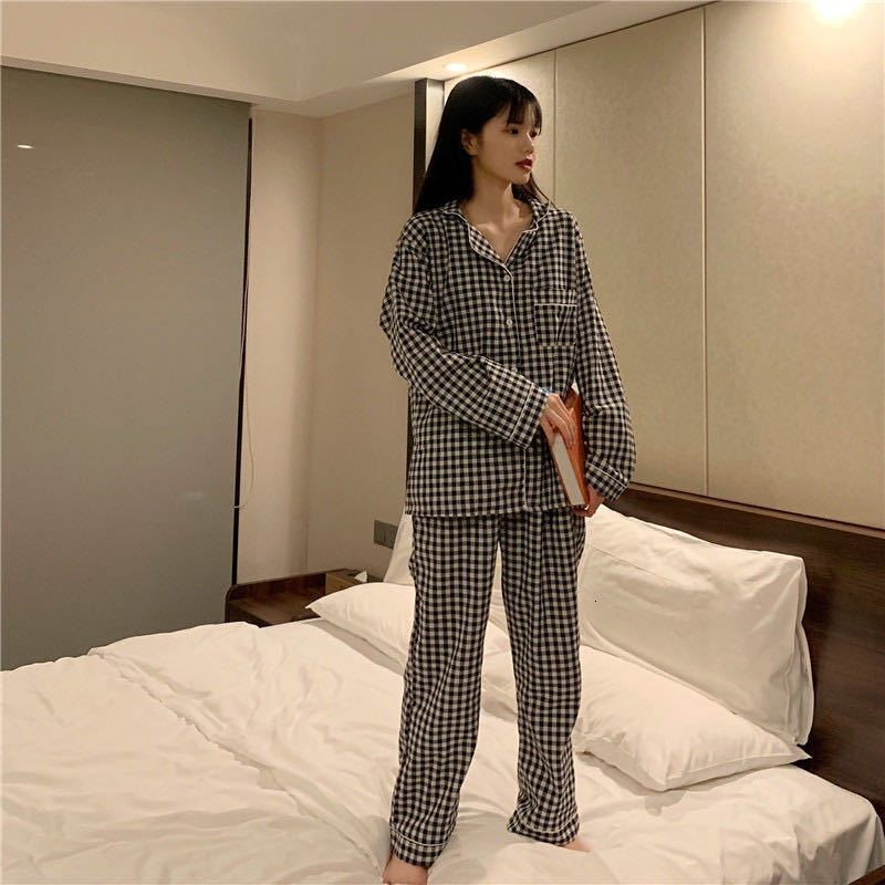 Women's Sleepwear Women Pajama Sets Plaid Button-up Turn-down Collar Long Sleeve Sleep Wear Pockets Simple Japanese Style Students Pajamas Spring