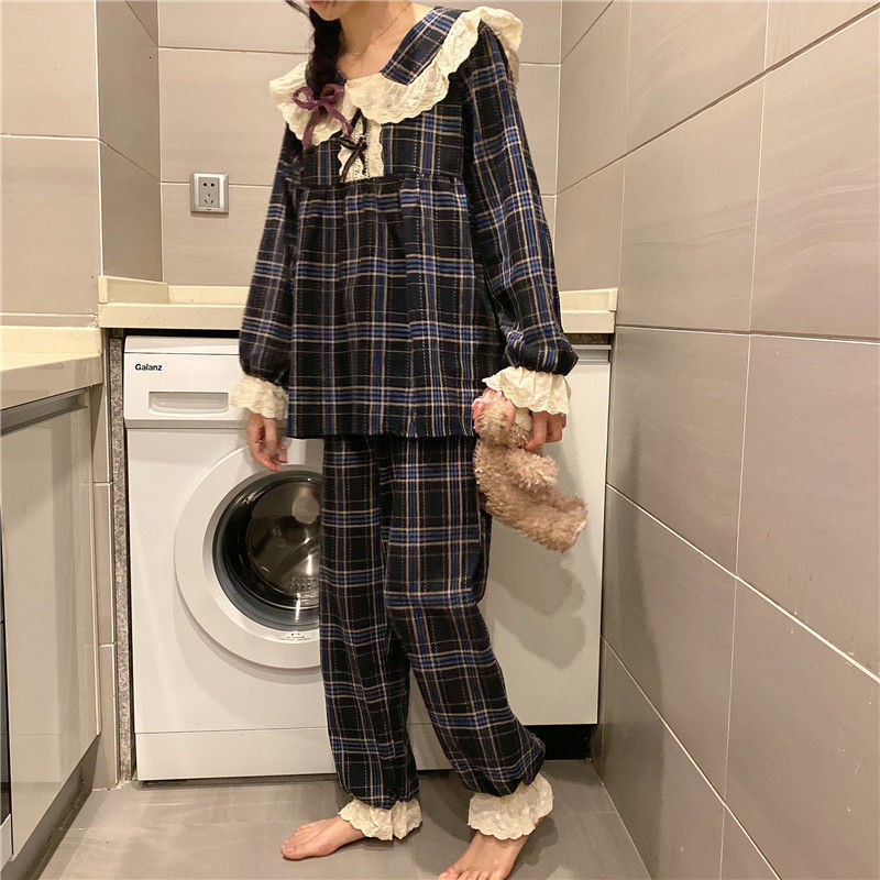 Women's Sleepwear Women Long Sleeve Plaid Pajama Sets Sweet Princess Lace Turn Down Collar Cute Sleepwear Korean Lounge Two Pieces Pyjamas Female