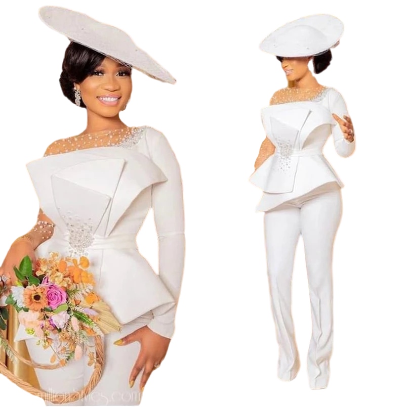 Illusion Long Sleeve Jumpsuit a-line Wedding Dresses with Peplum 2023 O-neck Pearls Beaded Bohemian Garden Bridal Gown Pant Suit