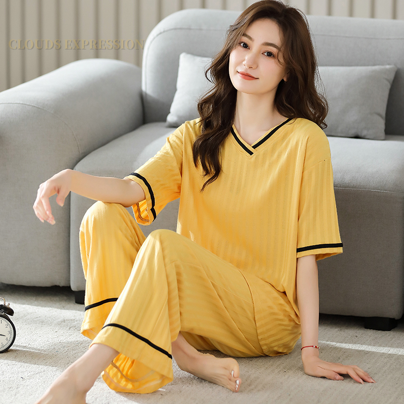 Women's Sleepwear Summer Knitted Cotton Elegant Pajamas Set Women Pyjamas Polka Dots Sleepwear Nightwear Pijama Mujer Plus Size Calf-Length Pants