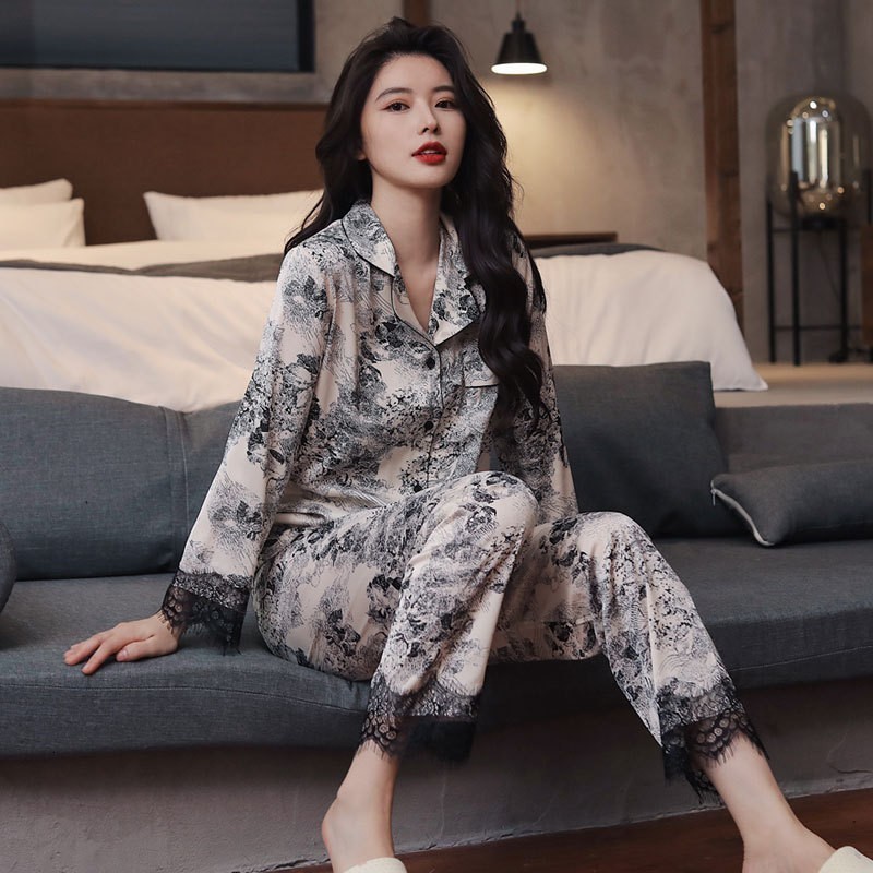 Women's Sleepwear 2PCS Women Pajamas Sets Sexy Lace Turn-Down Collar Pyjamas Sleep Suit Spring Summer Rayon Nightwear Casual Sleepwear Home Wear 