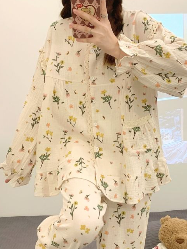 Women's Sleepwear Pajama Sets Women Print Student Breathable Casual Korean Style O-neck Sleepwear Basic Loose Ins Homewear Tender Simple 230309