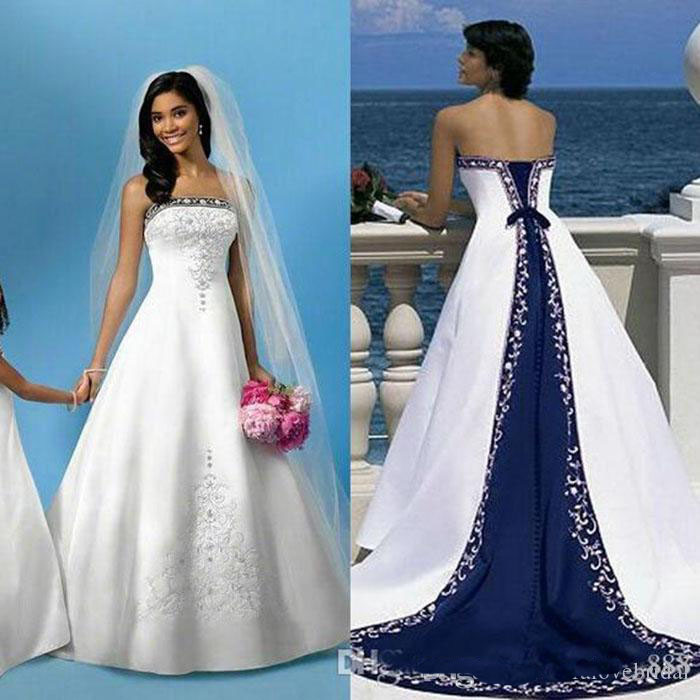 Sweetheart White Blue Satin A Line Wedding Dresses with Embroidery Cheap Bridal Dress Sweep Train Elegant Wedding Gowns
