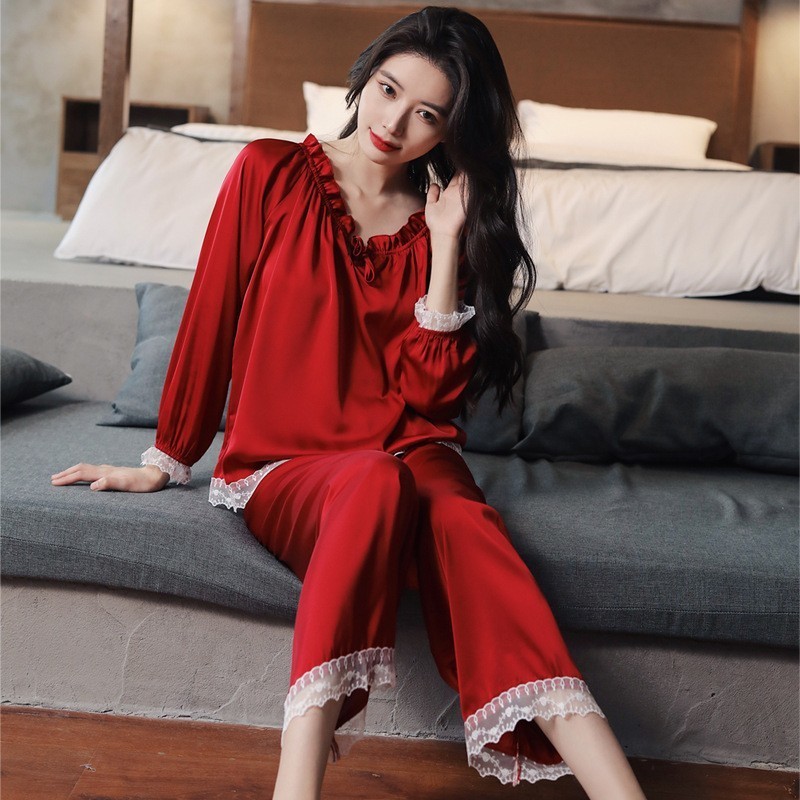 Women's Sleepwear 2PCS Women Pajamas Sets Sexy Lace Turn-Down Collar Pyjamas Sleep Suit Spring Summer Rayon Nightwear Casual Sleepwear Home Wear 