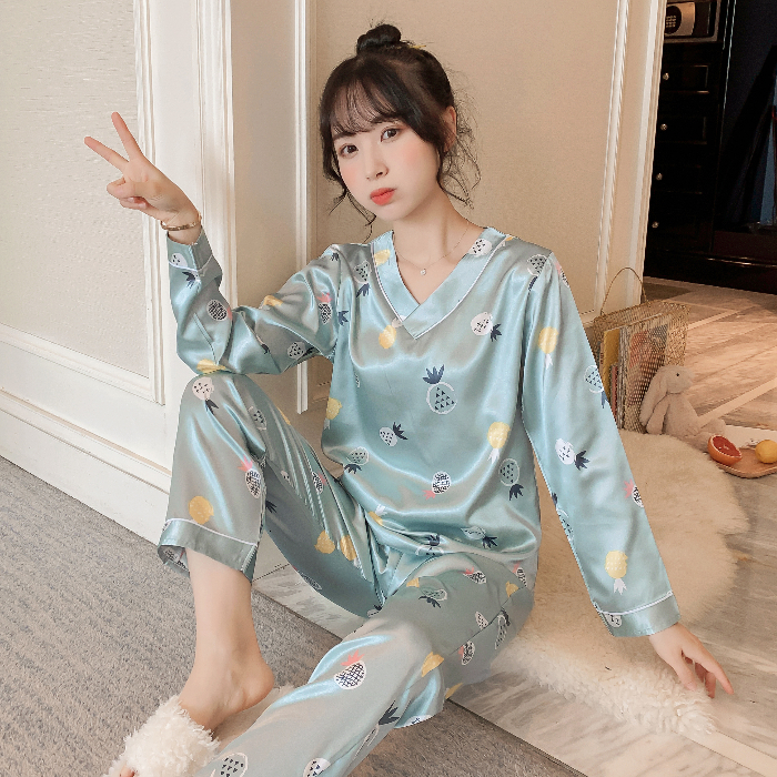 Women's Sleepwear Long Sleeve Silk Pajamas Sets For Women Autumn Satin Sleepwear Pyjamas Nightwear Set Young Girl Pijama Set femme V-neck homewea