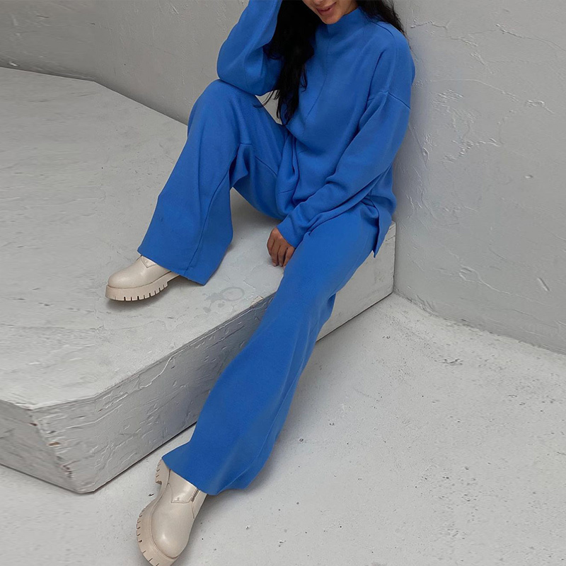 Women's Two Piece Pants Knitted Women Pants Sets Autumn Winter Fashion Casual Female Solid 2 Piece Pant Outfits Long Sleeve Top And Wide Leg Pant