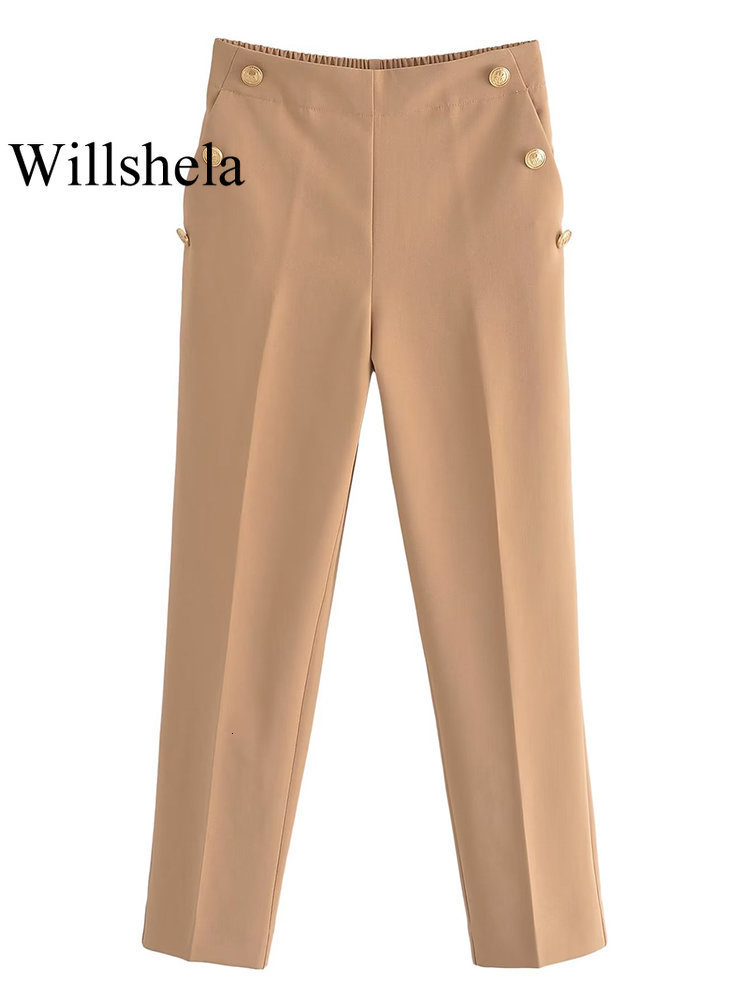 Women's Pants Capris Willshela Women Fashion With Button Solid Trousers Vintage High Elastic Waist Female Chic Lady Wide Leg Pants Mujer 230309