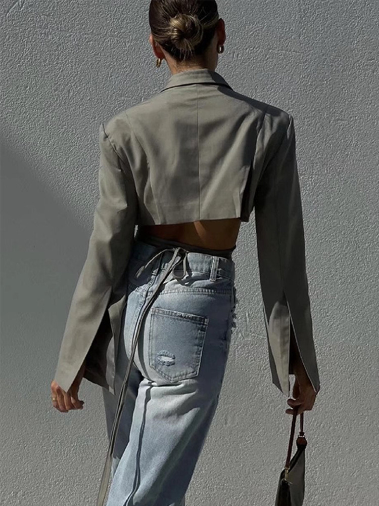 Women's Two Piece Pants Articat Gray Double Layer Bandage Slim Blazer Women Long Sleeve Pocket Short Jacket Female Notched Collar Outwear Tops 23