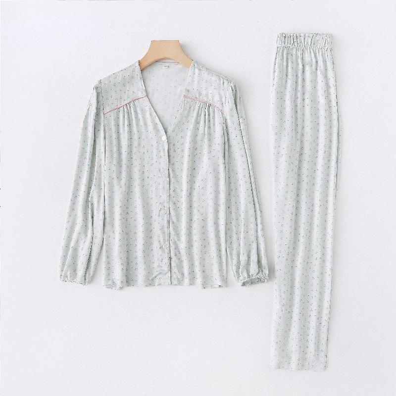 Women's Sleepwear Spring Idyllic Satin Pajamas for Women V-Neck Long-sleeved Trousers Suit Viscose Flower Print Two Piece Set Sleepwear 230309