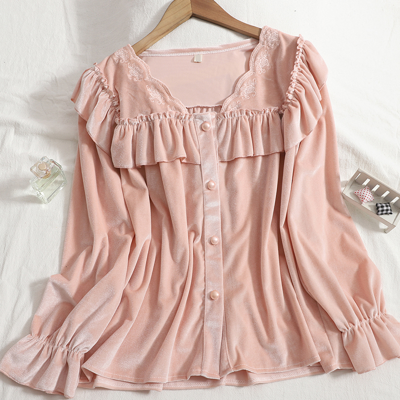 Women's Sleepwear Gaganight Women Two piece Pajamas Autumn Winter Sweet Fairy French Velvet Breasted Ruffled Loose Top Thin Harem Pants 230309