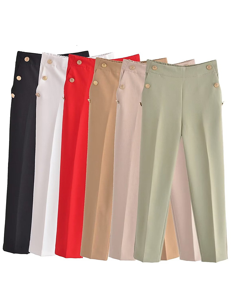 Women's Pants Capris Willshela Women Fashion With Button Solid Trousers Vintage High Elastic Waist Female Chic Lady Wide Leg Pants Mujer 230309