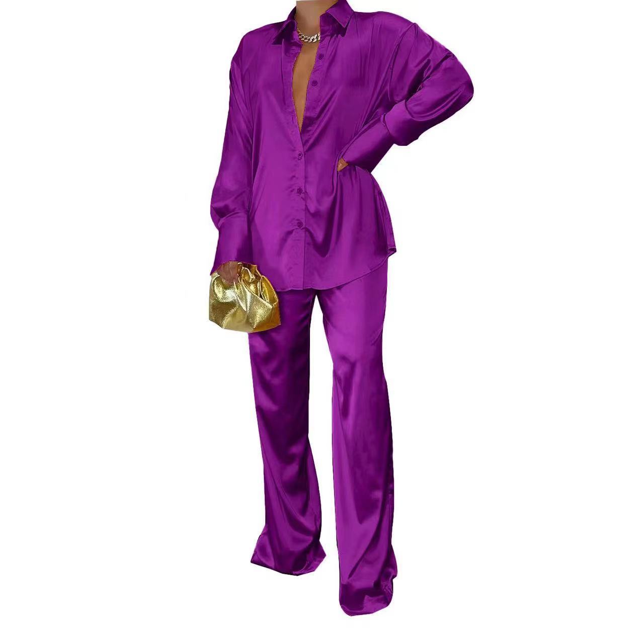 Women's Two Piece Pants Elegant Satin Women's Matching Sets Casual Long Sleeve Shirt Straight Pants Suit Female Loose Solid Tops Two Pieces 