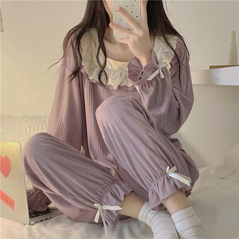 Women's Sleepwear Women Pajama Sets Autumn Lace Square Collar Sleepwear Princess Long Sleeve Ruffles Pyjamas Lounge Student Sweet Outwear Two Pcs