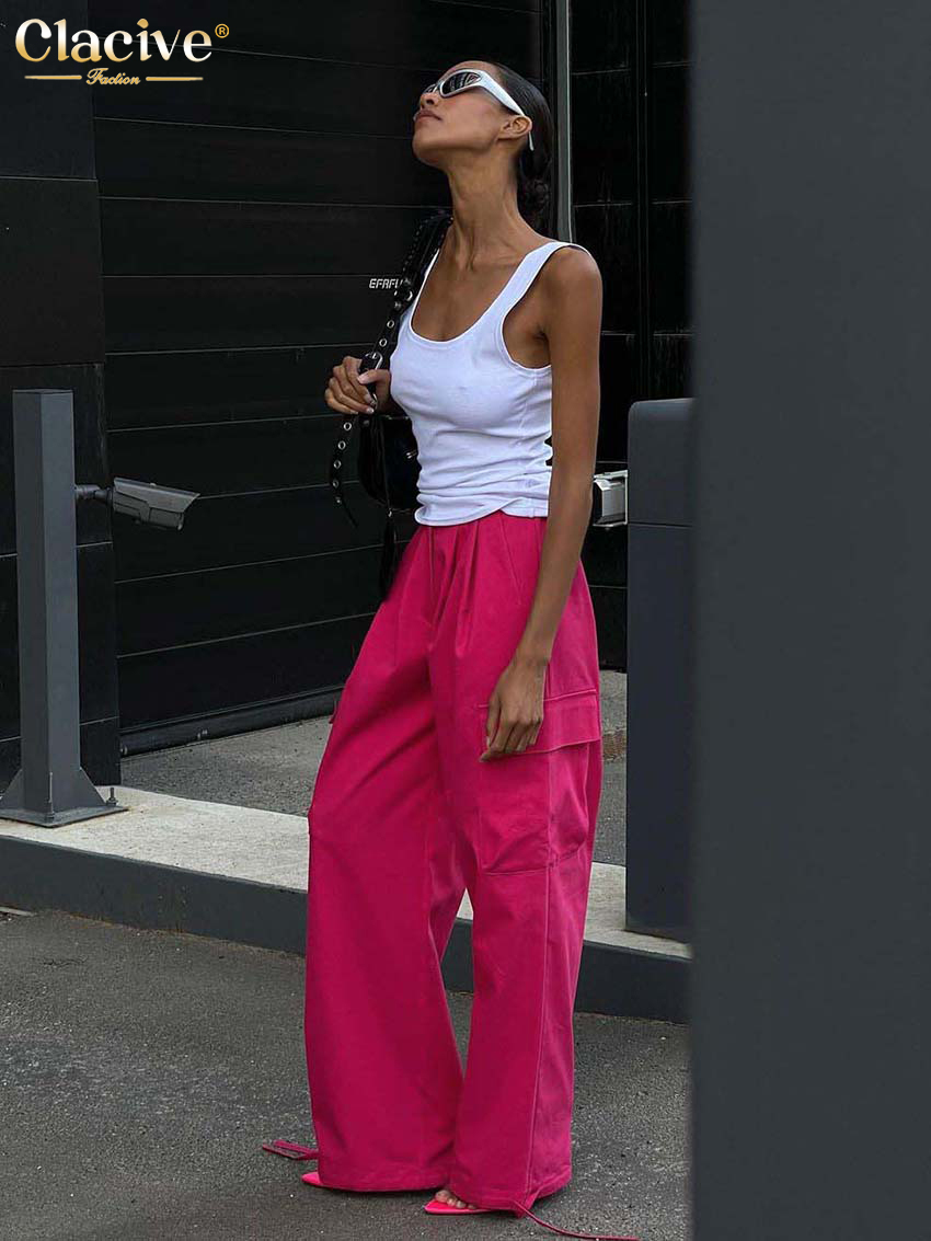 Women's Pants Capris Clacive Vintage Loose Pink Cargo Pants Women Autumn Fashion High Waist Wide Trousers Streetwear Hip Hop Full Length Pants Po