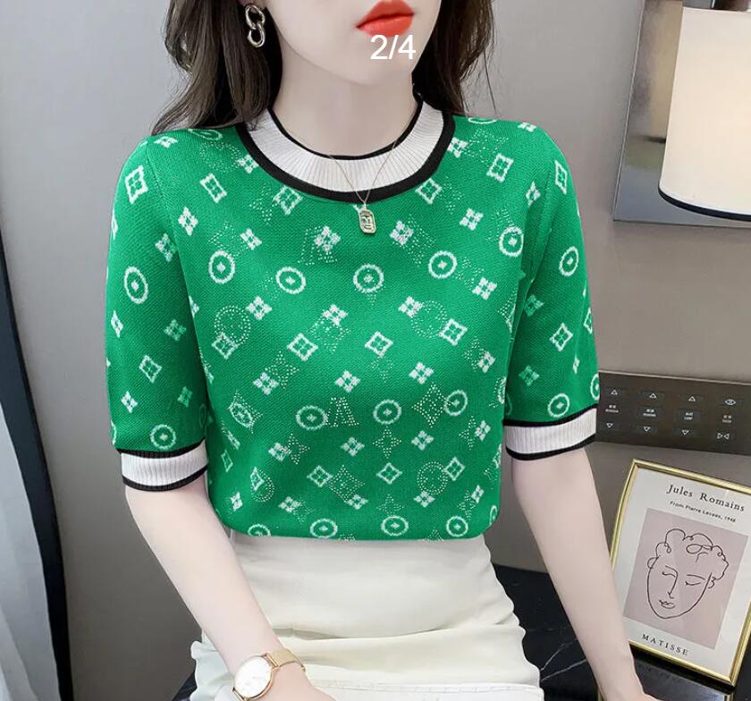 Women' Knits shirt short-sleeved T-shirt women' 2023 summer new knitted contrast women' top