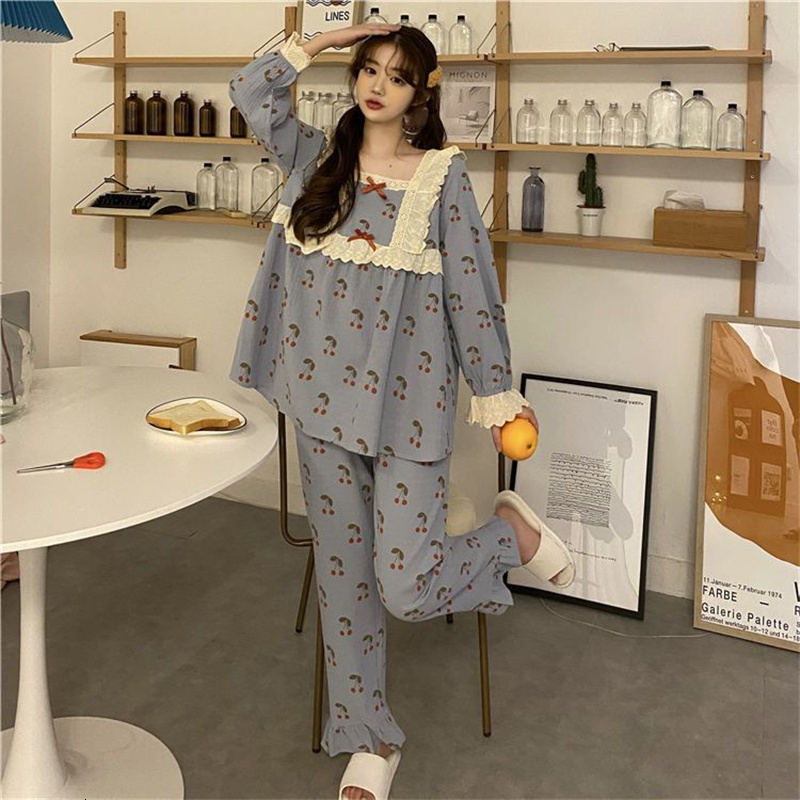 Women's Sleepwear Princess Plaid Pajamas Set Sweet Full-Length Sleepwear For Women Cotton Retro Soft Pyjama Women's Soft Fashion Homewear 23