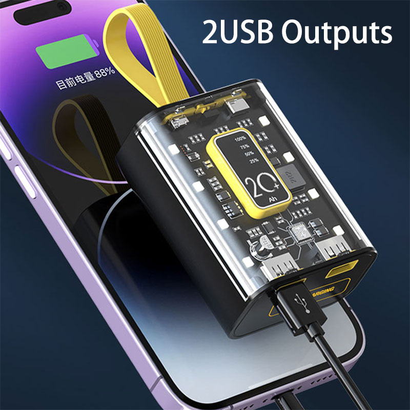 Mini Power Bank Built in cables Portable 20000mAh Charger Fast Charging External Battery LED For iPhone Xiaomi Android