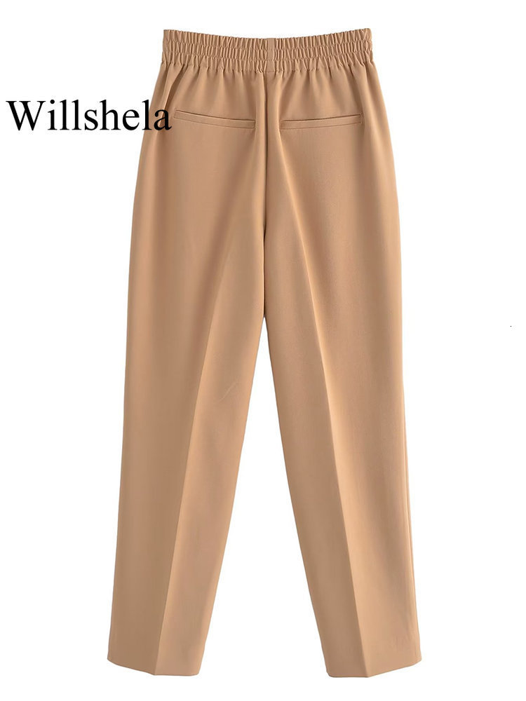 Women's Pants Capris Willshela Women Fashion With Button Solid Trousers Vintage High Elastic Waist Female Chic Lady Wide Leg Pants Mujer 230309